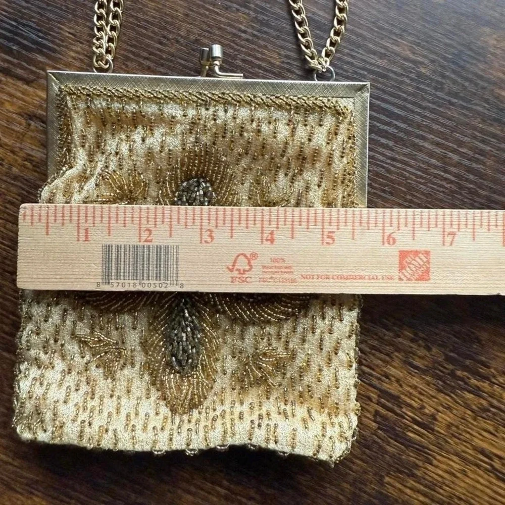 Vintage Gold Beaded Evening Bag Chain Strap Elegant Floral Unique